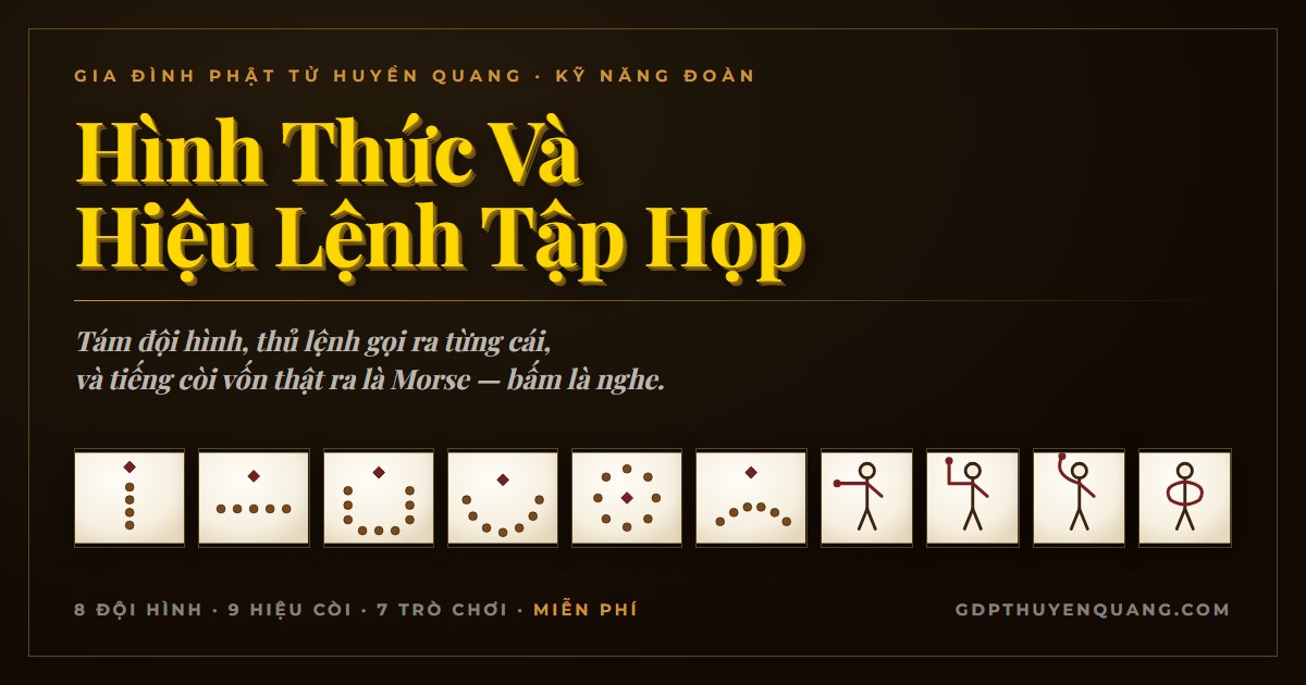 Hình thức và hiệu lệnh tập họp GĐPT — tám đội hình, thủ lệnh tay và hiệu còi Morse